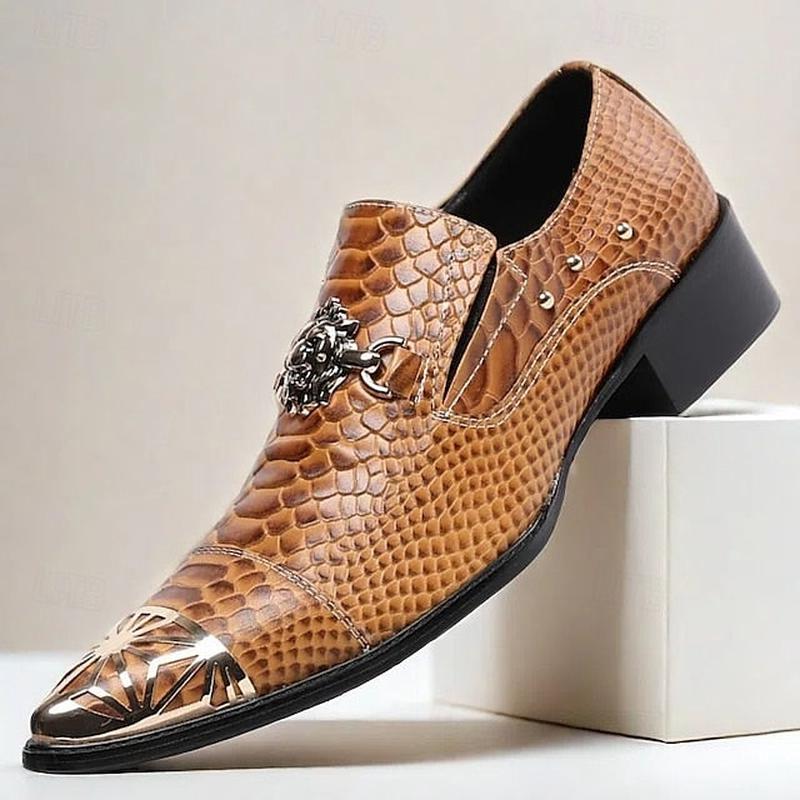 Men's Pattern Shoes Brown with Snake Metal Slip-On Leather Brown US11 / EU44 / UK10