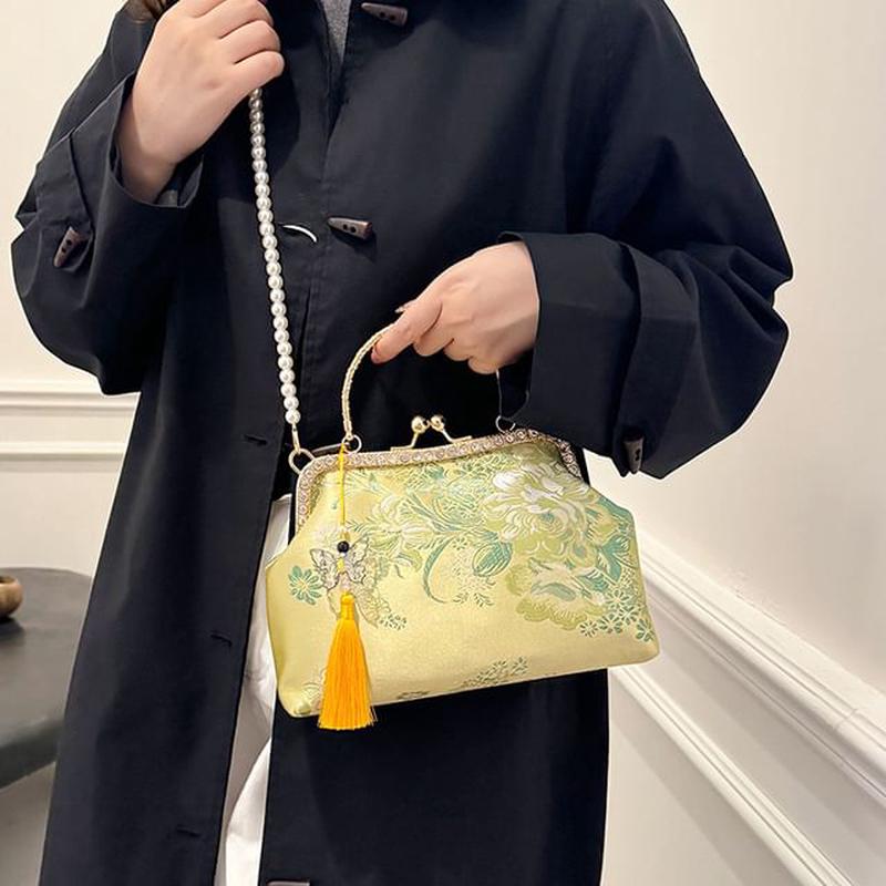 Bag Faux Kiss Embroidered Tassel Strap Pearl Crossbody Floral Lock Yellow One Size