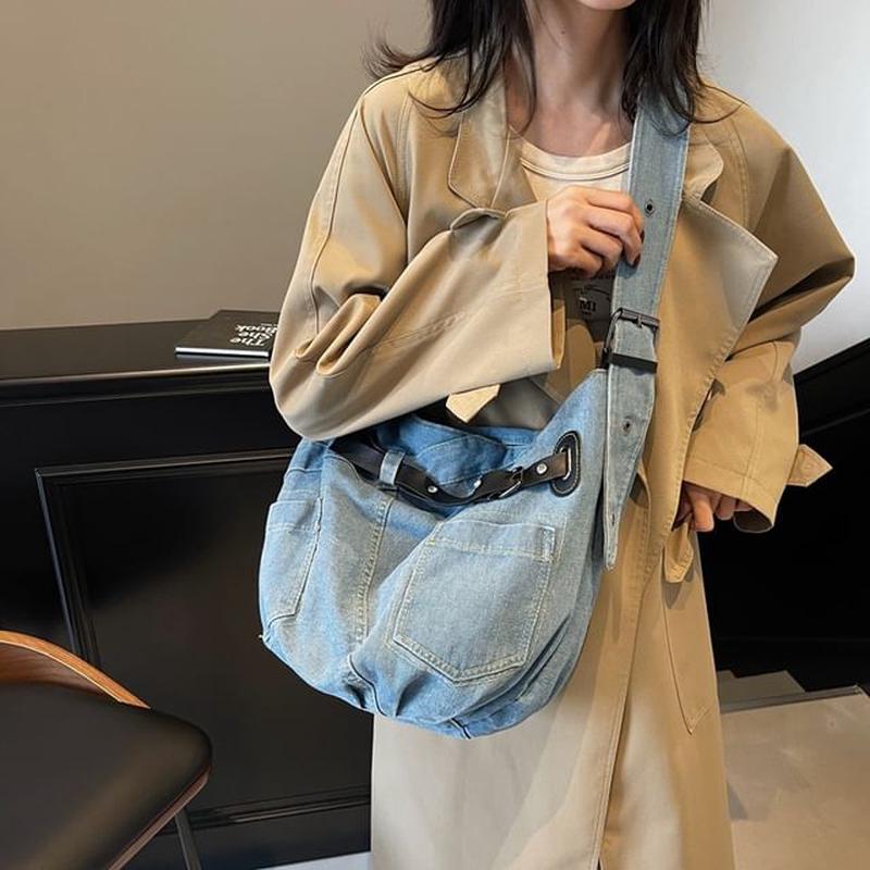 Denim Buckled Bag Washed Crossbody White One Size