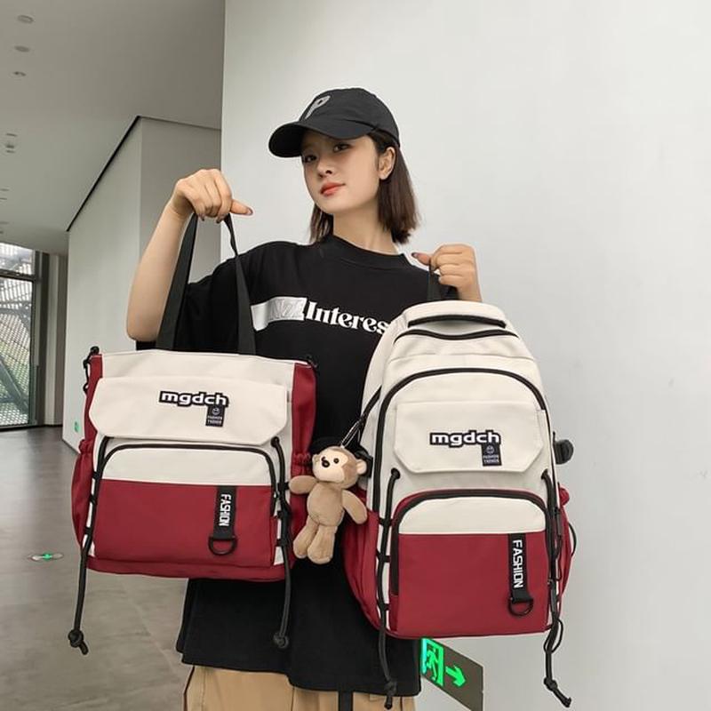 / Charm Tone Laptop Two Set Bag Lettering Nylon Print Tote Backpack Tote Bag - With Bag Charm - Black One Size