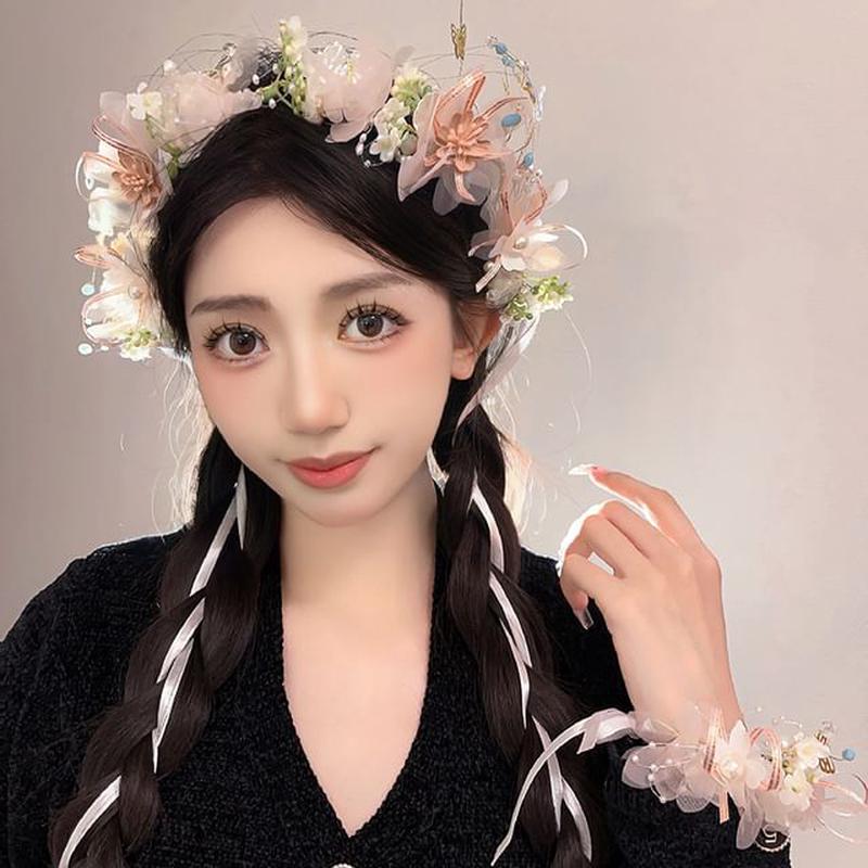 Floral Mesh / Headband Bracelet Bracelet - Milky White One Size