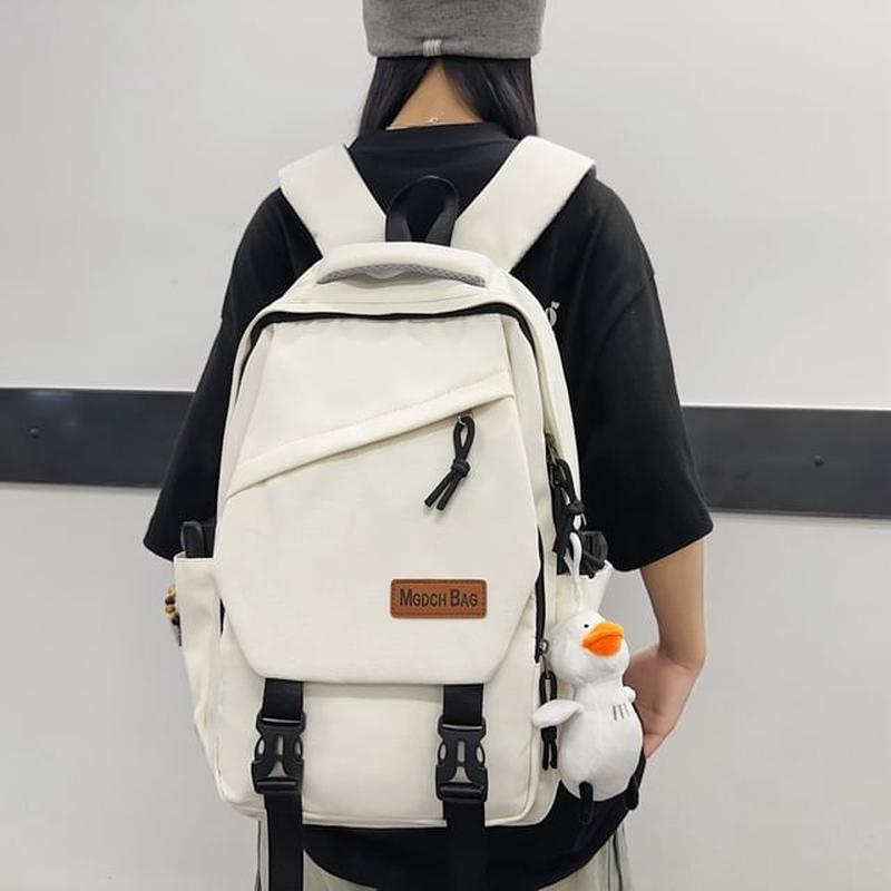 Set Nylon Plain Bag Laptop Buckled Charm Backpack / Without Bag Charm - Blue One Size