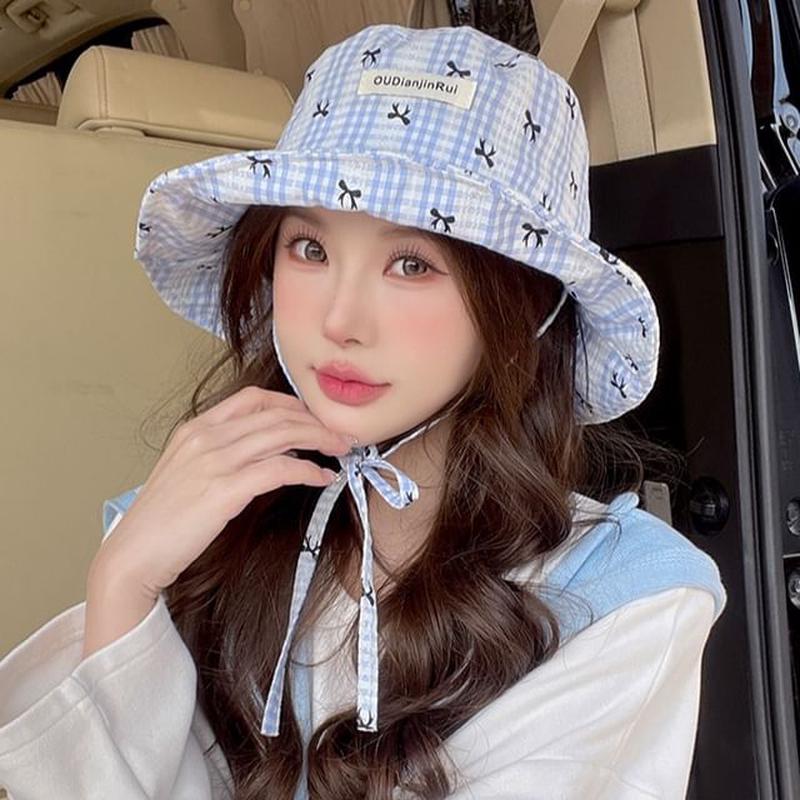 Plaid Bucket Bow Hat Print C5055 - Plaid - Khaki M