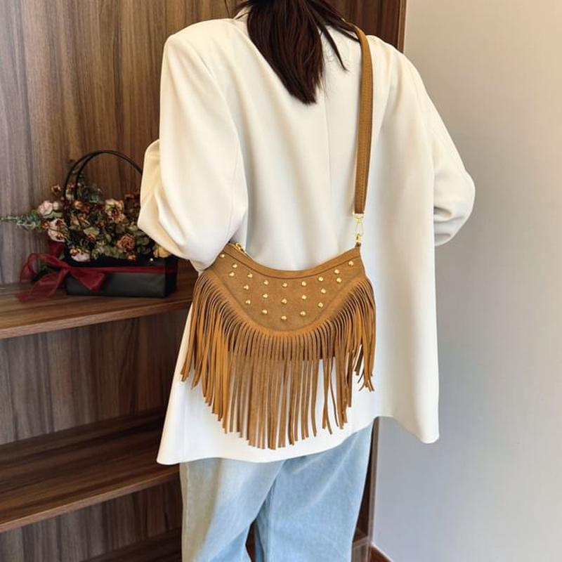 Crossbody Bag Studded Tassel Buckled - Brown One Size