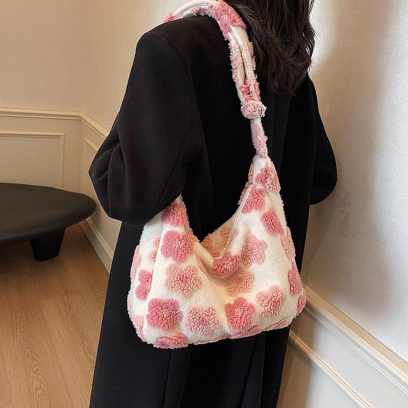 Floral Bag Shearling Faux Tote Purple One Size