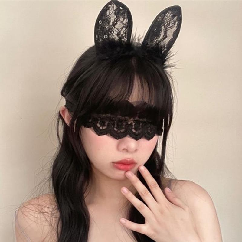 Mask Ear Lace Eye Headband Rabbit / Eye Mask - Black One Size