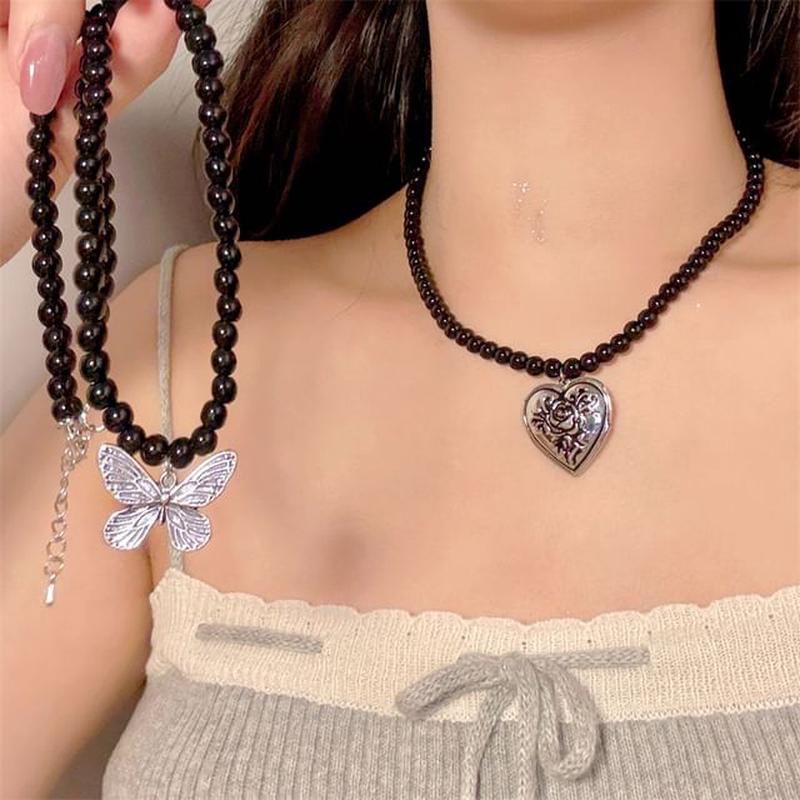 Pendant Metallic Necklace Beaded Butterfly - Black & Silver One Size