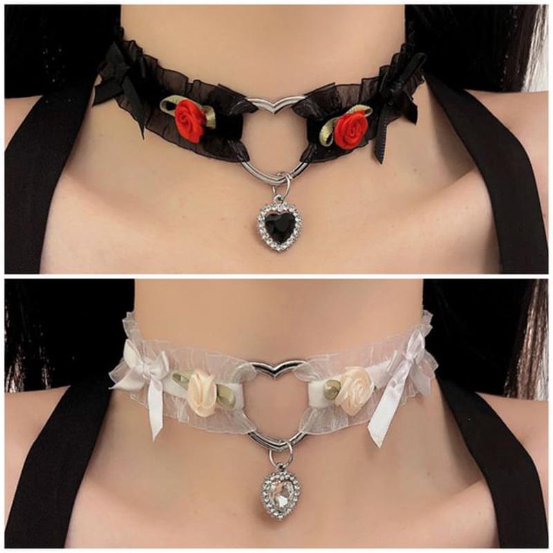 Rose Pendant Choker Tulle Heart Bow Black One Size