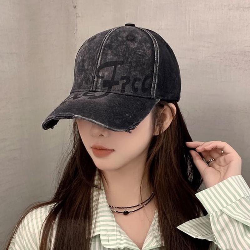 Lettering Washed Baseball Print Cap Distressed C5073 - Black M