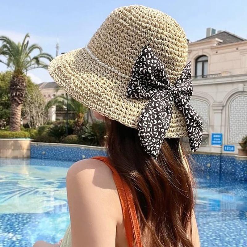 Bucket Straw Pearl Bow Hat Faux Beige M