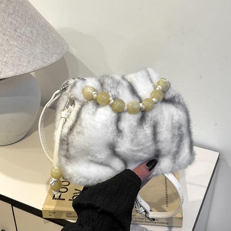 Crossbody Bag Fluffy Beaded Plain - Khaki One Size