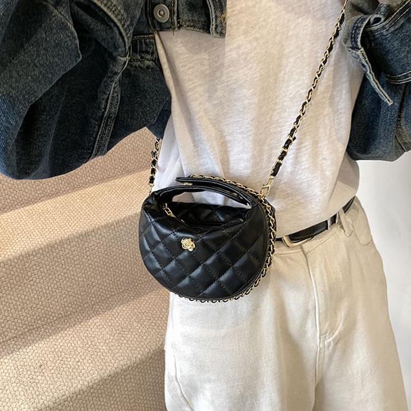 Bag Strap Faux Leather Chain Quilted Crossbody Black One Size
