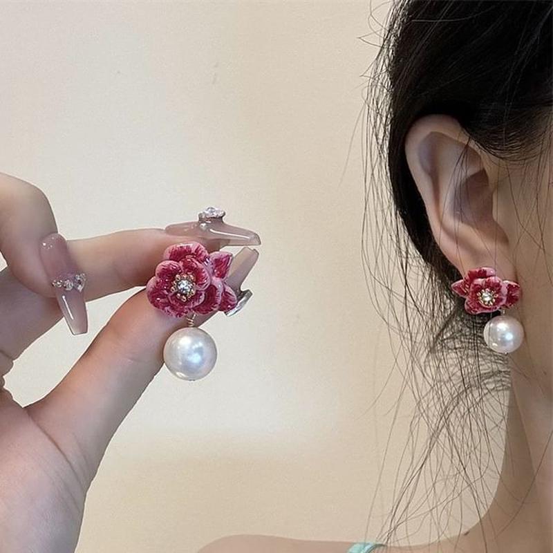 Faux Ball Drop Floral Leather Earring 1 Pair - Rose Pink One Size