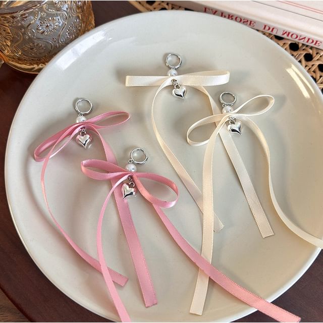 Heart Drop Earring Fabric Bow Huggie Beige One Size