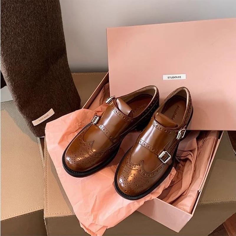 Buckled Strap Monk Genuine Shoes Leather Brown 36