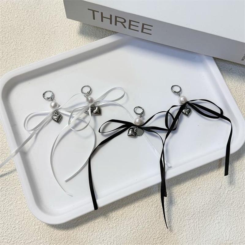 Ribbon Earring Pearl (Various / Drop Faux Designs) 1 Pair - Bow - Black One Size