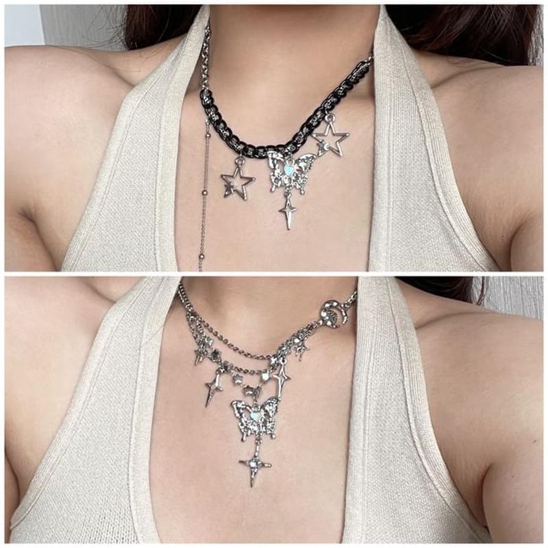 Star Fringed Pendant Necklace Butterfly Black One Size