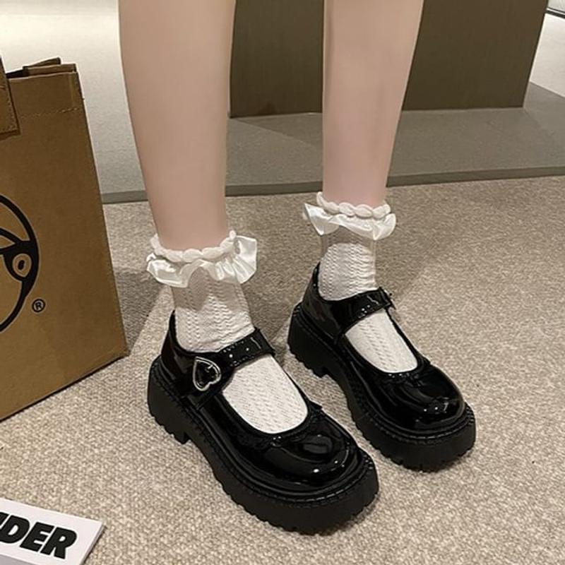 Mary Jane Heart Shoes Platform Buckled Black 39
