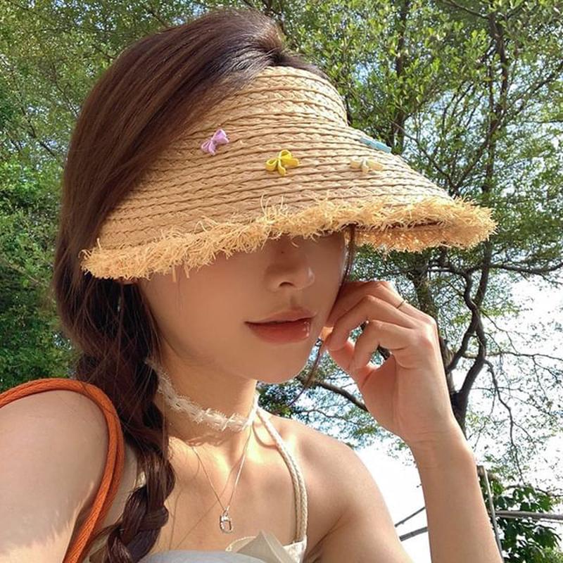 Sun Hat Straw Fringed Bow Beige M