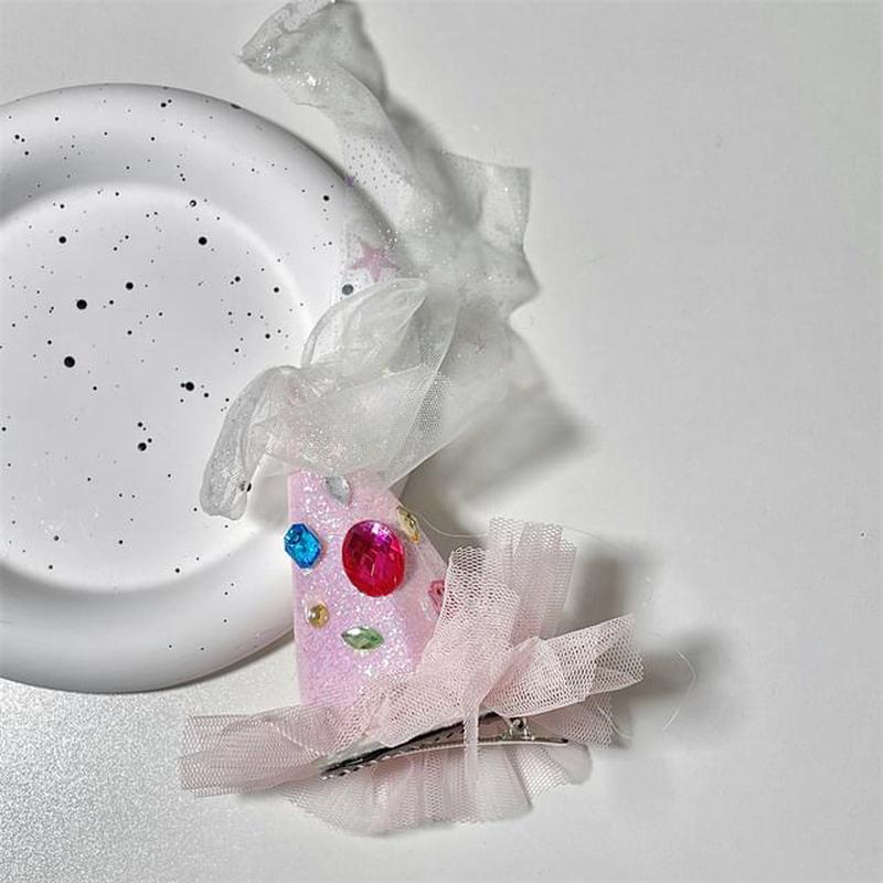 Mesh Rhinestone Hair Party Hat Clip Pink One Size