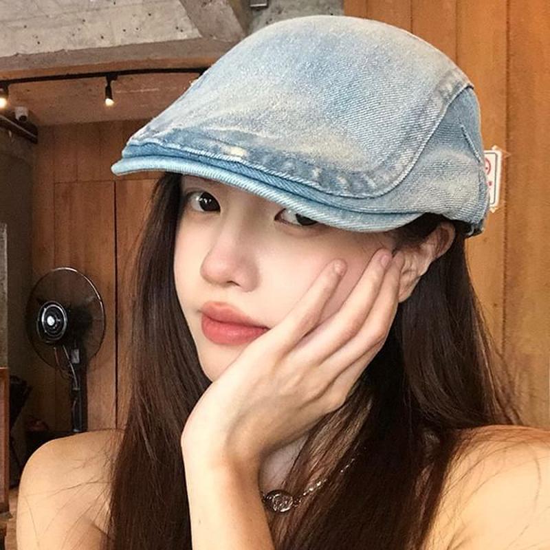 Washed Cap Denim Newsboy Dark Blue One Size