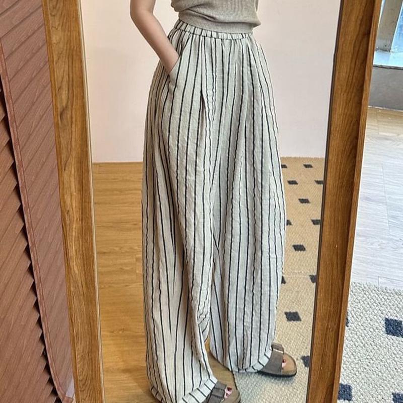 Wide Striped Pants Plain Leg High Waist Blue L