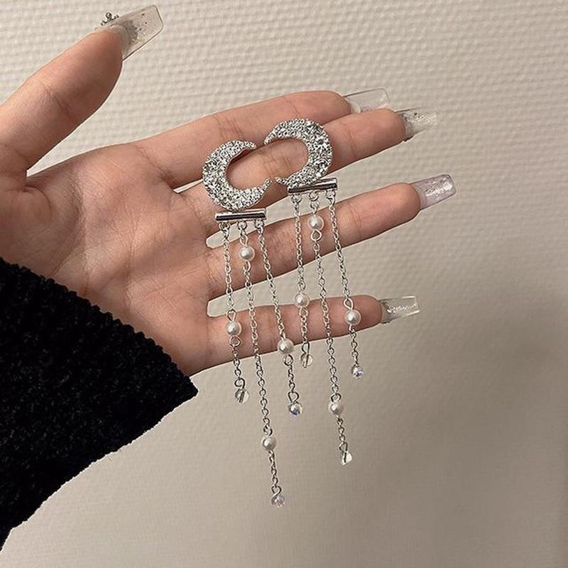 Alloy Earring / Choker Star Moon Fringed 1 Pair - Earring - Silver Needle - Silver One Size