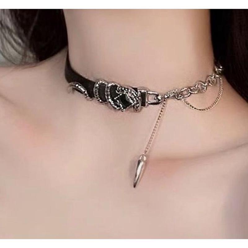 / Chained Leather Choker Bracelet Faux Bracelet - Silver One Size