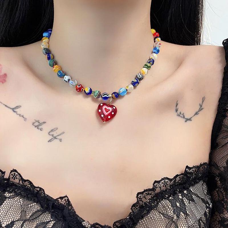 Pendant Print / Glass Earring Necklace Necklace - Red & Blue & Green One Size