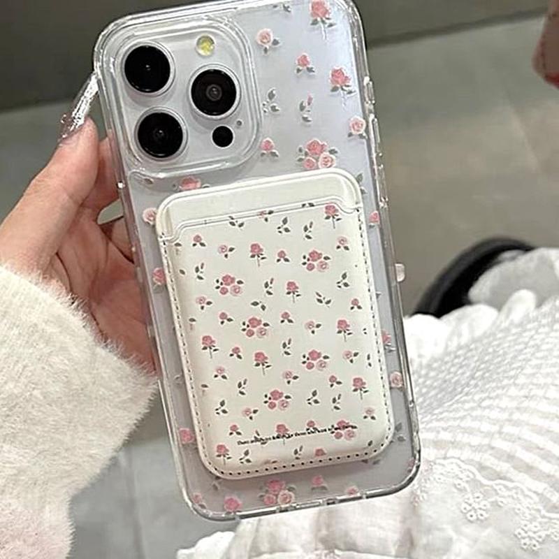 / Set MagSafe) (Compatible Magnetic Floral Phone with Holder Card Case With Card Holder - Floral - Pink iPhone 14 Pro
