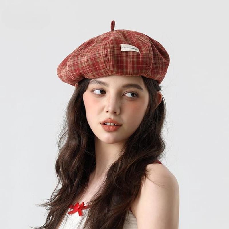 Applique Beret Plaid Red One Size