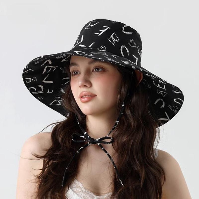 Lettering Print Hat Boonie Black One Size