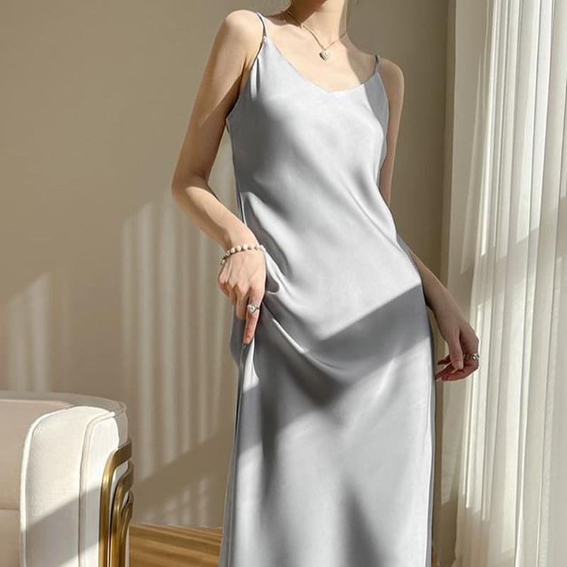 A-Line Strap Satin Dress V-Neck Plain Midi Spaghetti Silver Gray M