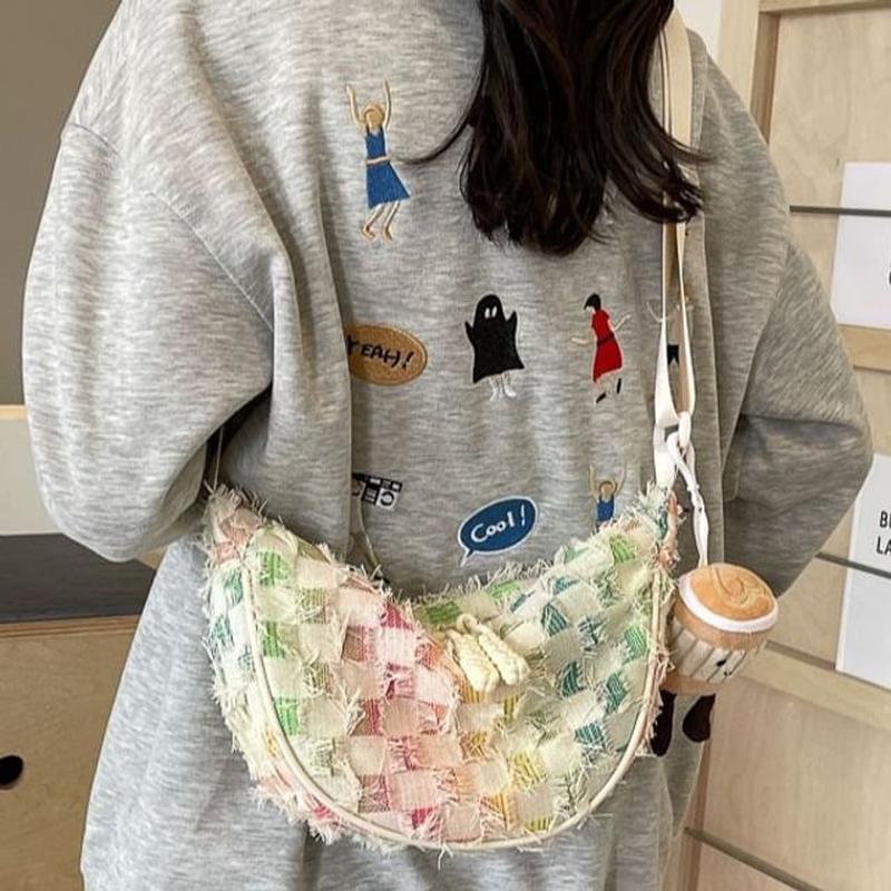 Crossbody Bag Distressed Fabric Patterned Crossbody Bag With Bag Charm - Gradient Checker - Almond One Size