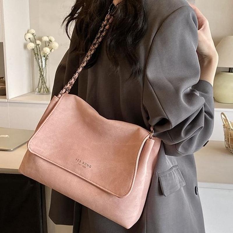 Bag Strap Flap Tote Leather Lettering Chain Faux Green One Size