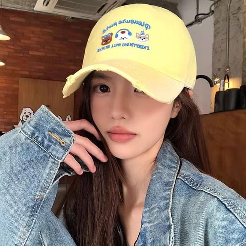 Cap Baseball Cartoon Embroidered Distressed Off-White One Size
