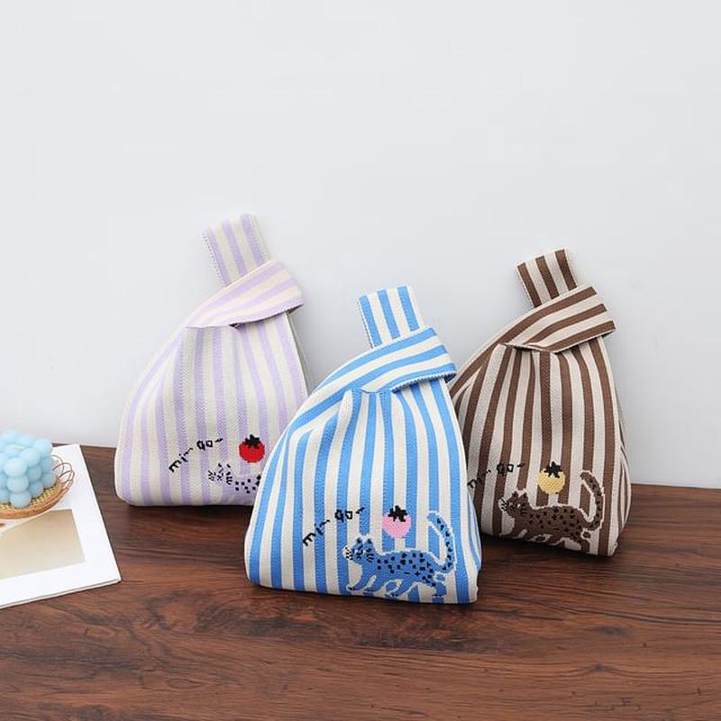 Cat Knit Tote Jacquard Bag BX189 - Light Blue One Size