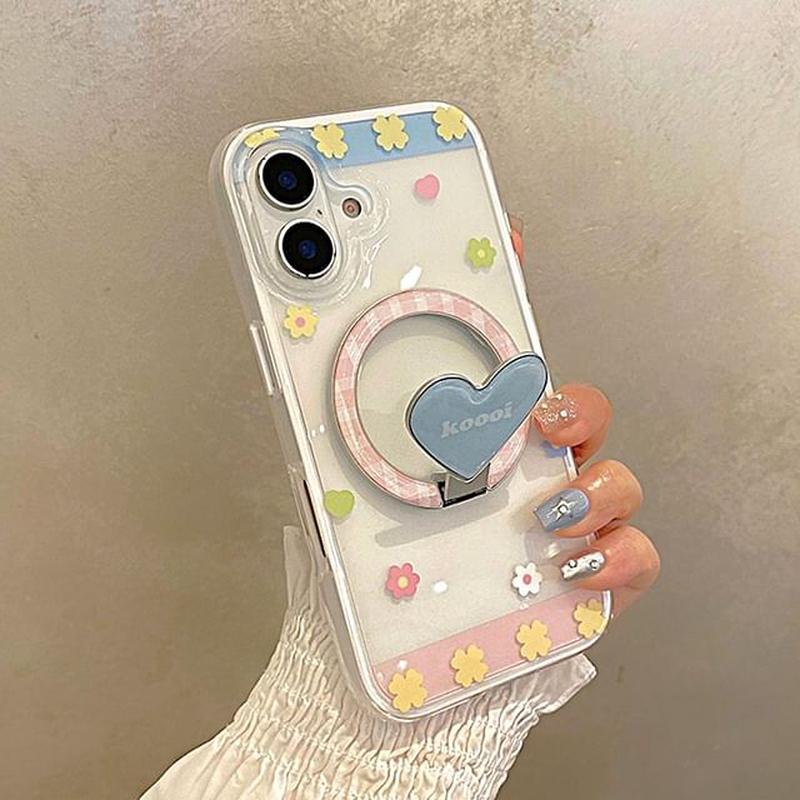 Case Set / (Compatible Stand MagSafe) Magnetic Phone Floral with Phone Case - Without Stand - Pink & Blue iPhone 15