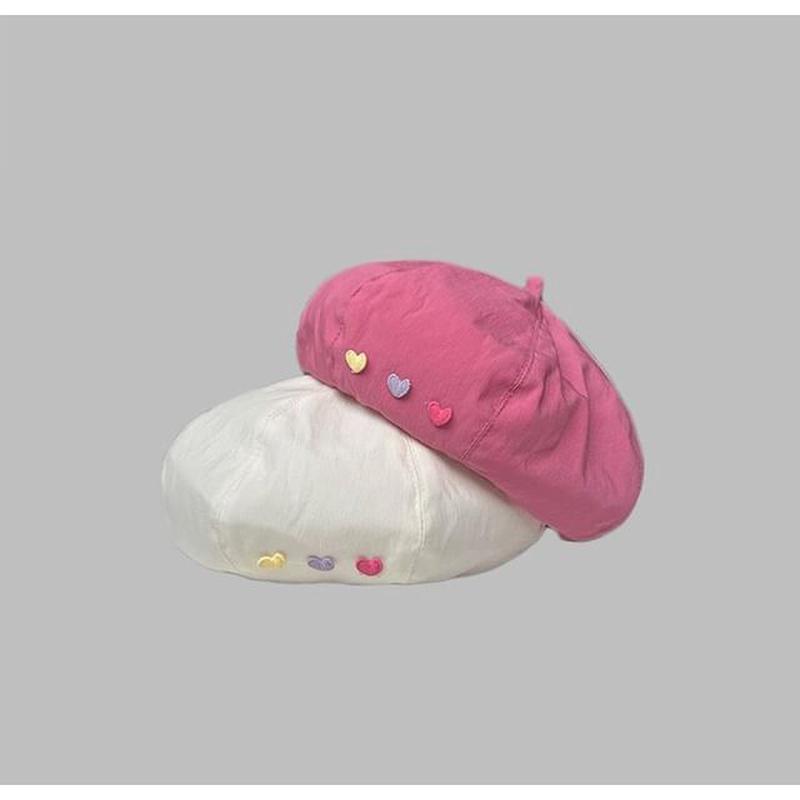 Heart Embroidered Beret Hat Pink One Size