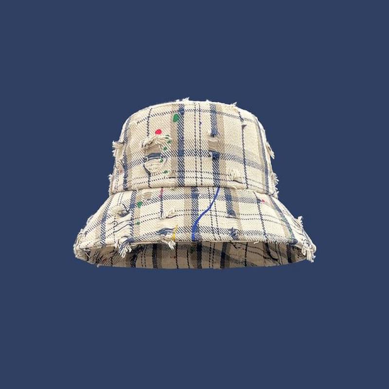 Distressed Bucket Plaid Hat Off-White One Size