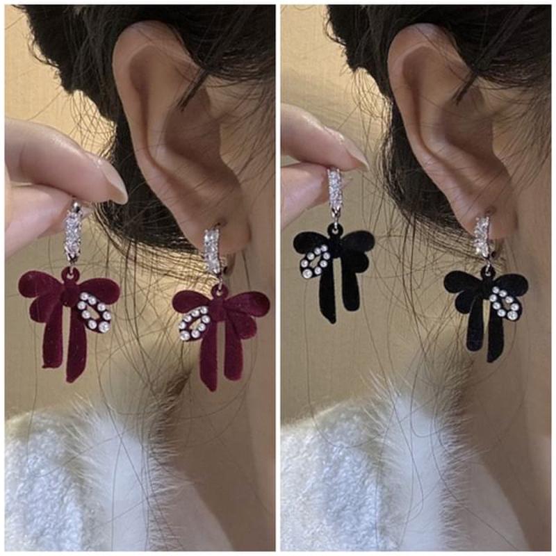 Bowknot Earring Drop Rhinestone 1 Pair - Red One Size