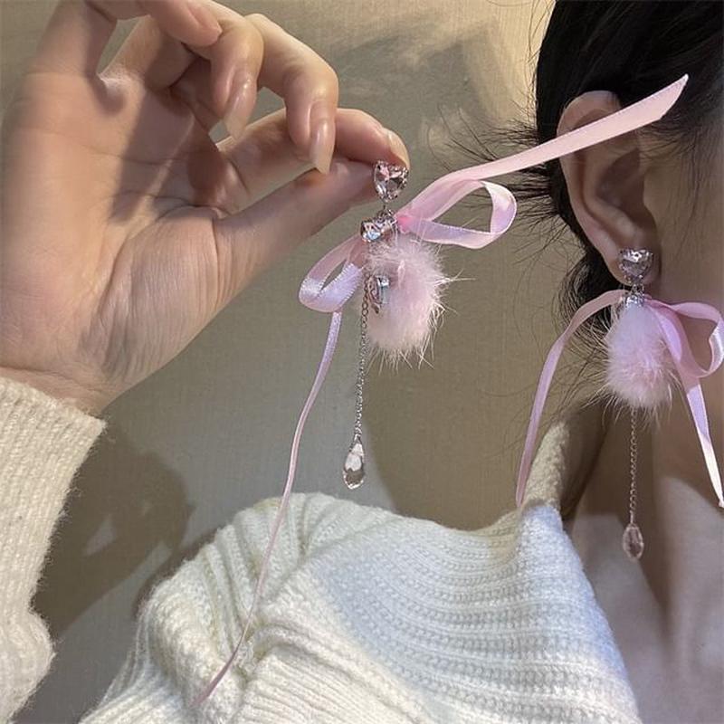 Earring Dangle Rhinestone Bowknot 1 Pair - Pink One Size