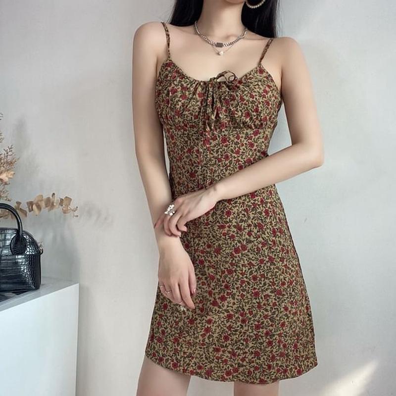A-Line Tie Mini Print Front Strap Floral Spaghetti Dress 199 - Floral - Dark Green XL