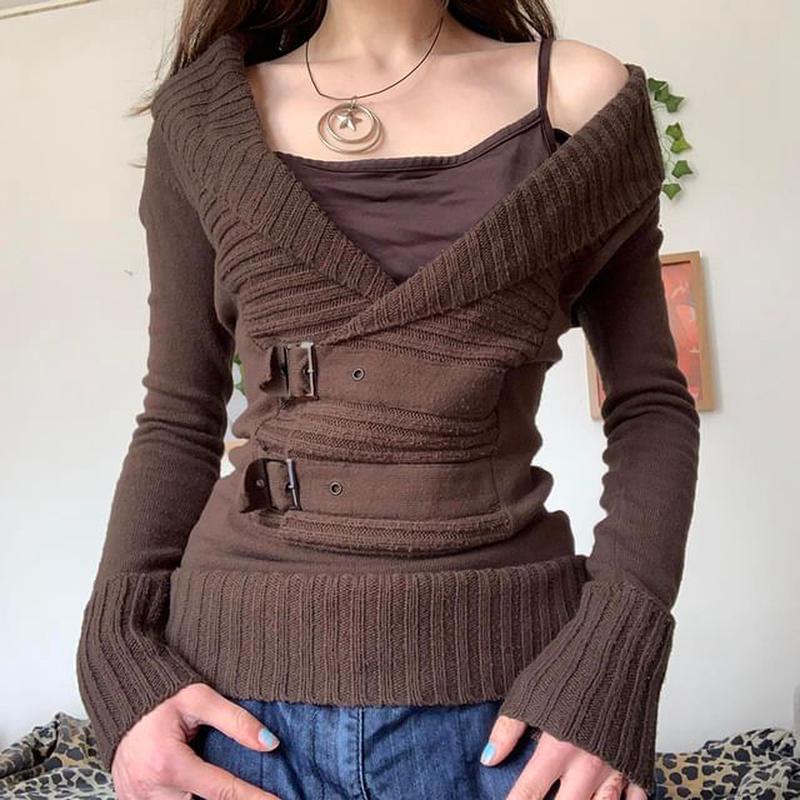 Cropped Plain Up V-Neck Sweater Buckle Gray L