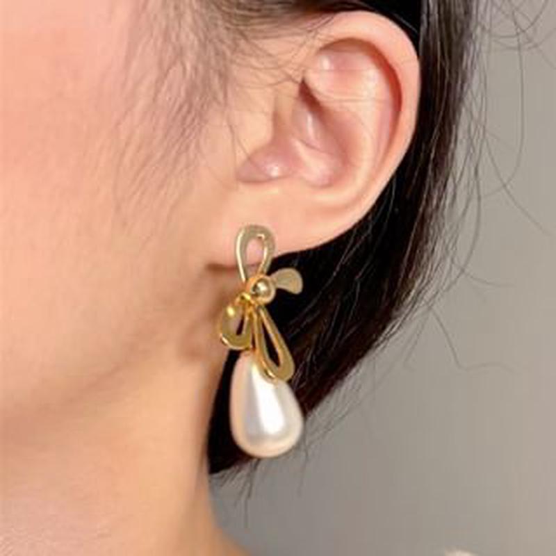 Pearl Faux Drop Earring Bow 1 Pair - Silver Needle Earrings - Gold One Size