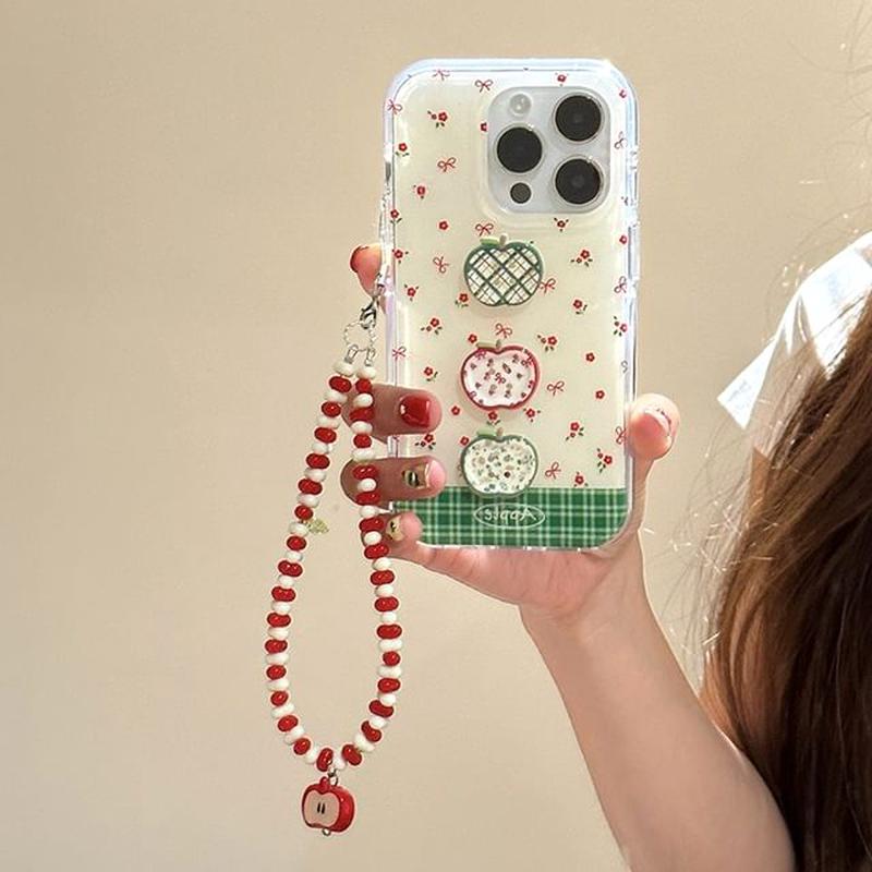 Apple Set Phone / Beaded Strap Case Floral Print Strap - White & Red iPhone 13 Pro Max