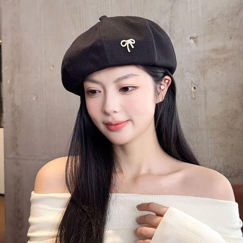 Bow Beret Rhinestone Faux Pearl E-698 - Khaki One Size