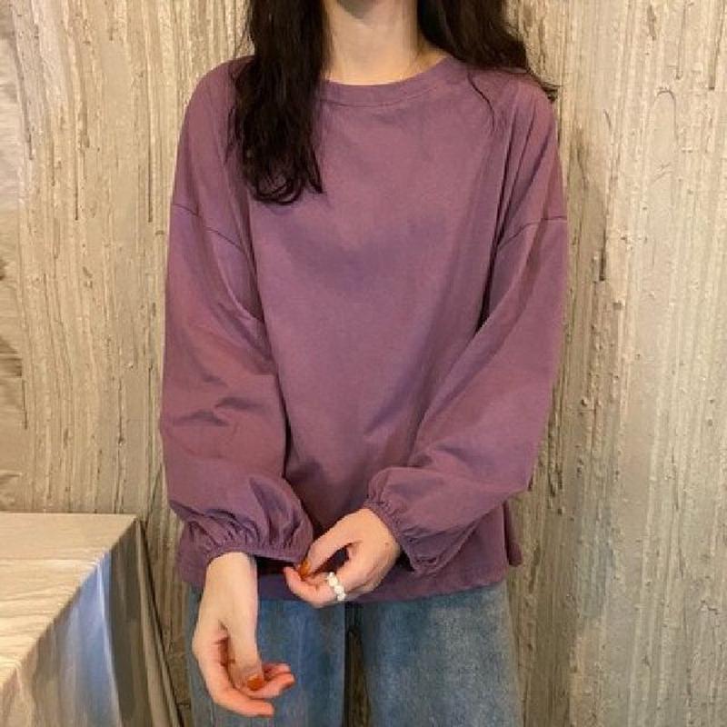 Oversized Neck Plain Round T-Shirt Long-Sleeve Purple L