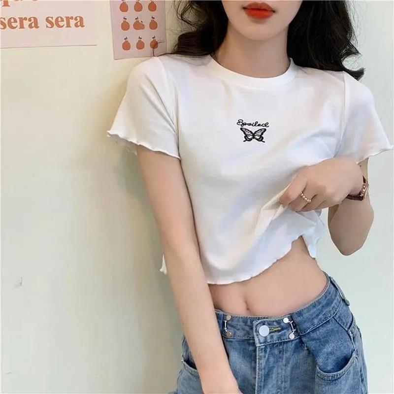 Embroidered Crew Edge Short-Sleeve Crop T-Shirt Neck Lettuce Butterfly Black XL