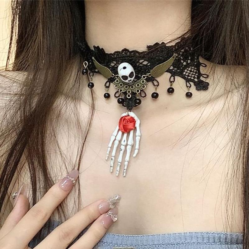 Choker / Lace Skull Earring 1 Pc - Necklace - Black & White & Red One Size